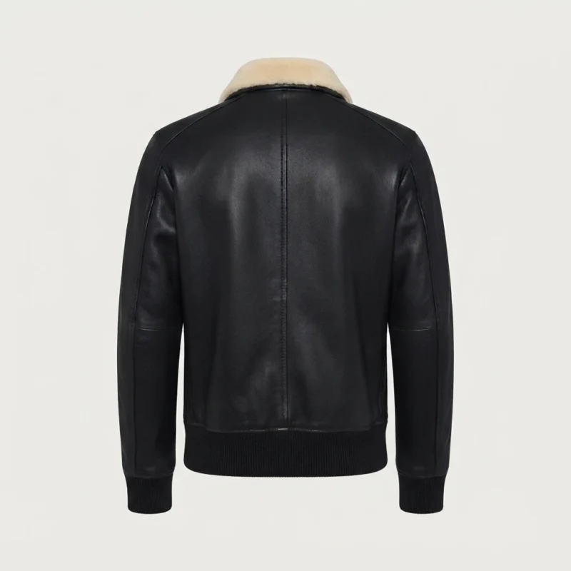 Men’s Black Leather Bomber Jacket with Shearling Collar and Flap Pockets back