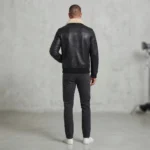 Men’s Black Leather Bomber Jacket with Shearling Collar and Flap Pockets back
