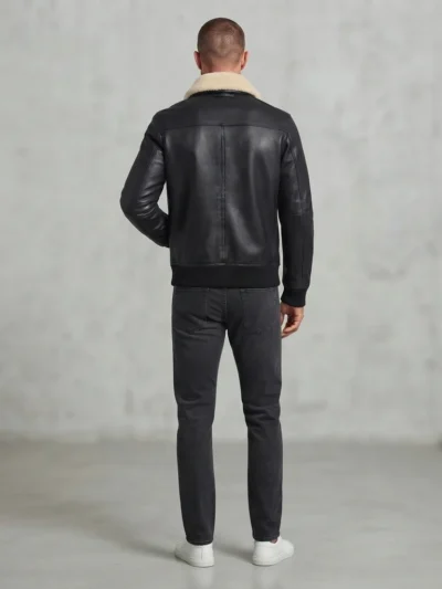 Men’s Black Leather Bomber Jacket with Shearling Collar and Flap Pockets back
