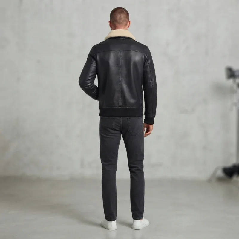 Men’s Black Leather Bomber Jacket with Shearling Collar and Flap Pockets back