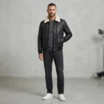 Men’s Black Leather Bomber Jacket with Shearling Collar and Flap Pockets