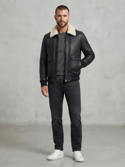 Men’s Black Leather Bomber Jacket with Shearling Collar and Flap Pockets