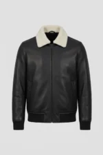 Men’s Black Leather Bomber Jacket with White Shearling Collar front