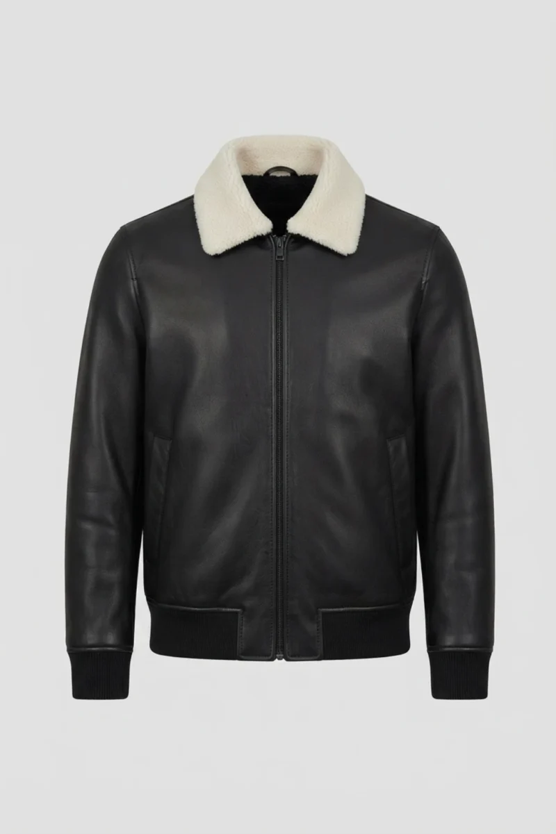 Men’s Black Leather Bomber Jacket with White Shearling Collar front