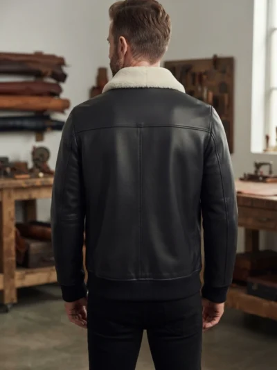 Men’s Black Leather Bomber Jacket with White Shearling Collar back