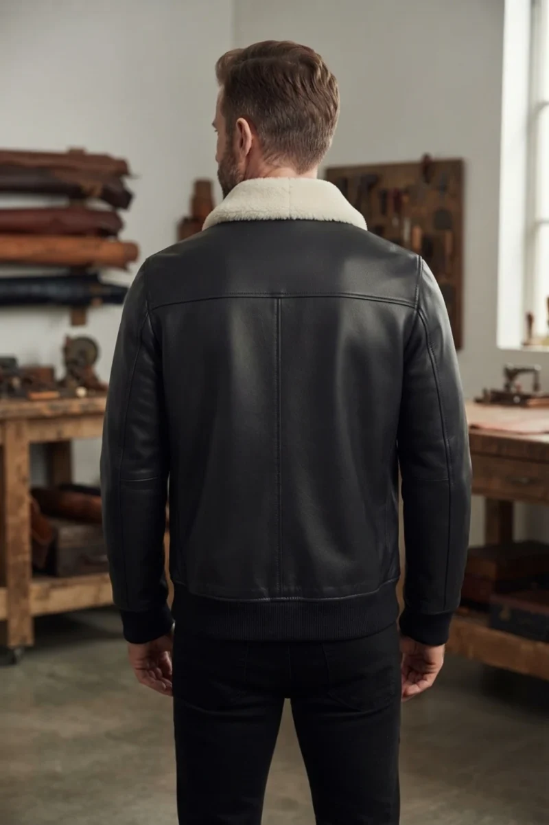 Men’s Black Leather Bomber Jacket with White Shearling Collar back