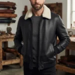 Men’s Black Leather Bomber Jacket with White Shearling Collar back
