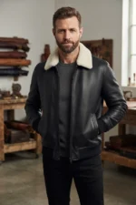 Men’s Black Leather Bomber Jacket with White Shearling Collar back
