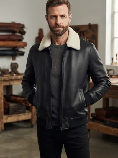 Men’s Black Leather Bomber Jacket with White Shearling Collar back