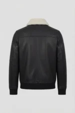 Men’s Black Leather Bomber Jacket with White Shearling Collar back
