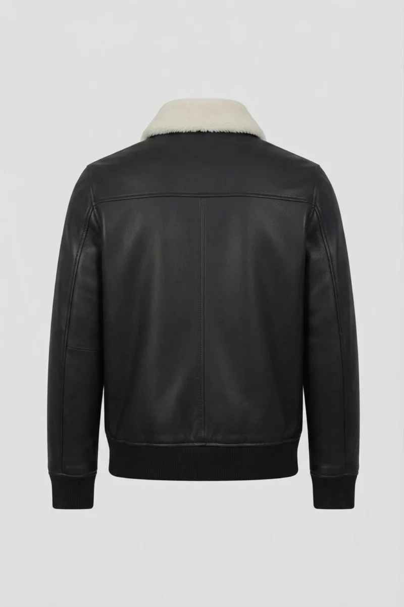 Men’s Black Leather Bomber Jacket with White Shearling Collar back