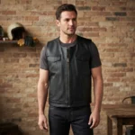 Mens Black Leather Motorcycle Vest with Utility Pockets