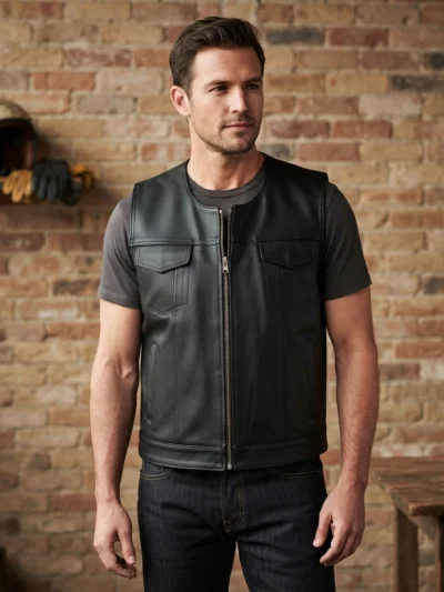 Mens Black Leather Motorcycle Vest with Utility Pockets
