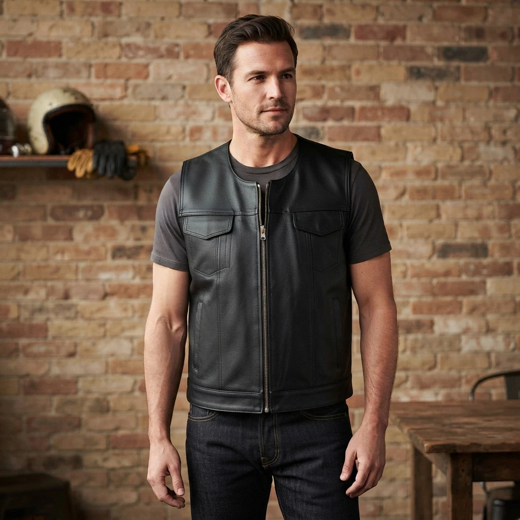 Mens Black Leather Motorcycle Vest With Utility Pockets (1) Mens Black Leather Motorcycle Vest with Utility Pockets