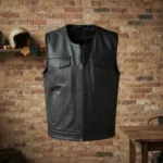 Mens Black Leather Motorcycle Vest with Utility Pockets front