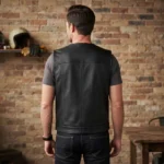 Mens Black Leather Motorcycle Vest with Utility Pockets back