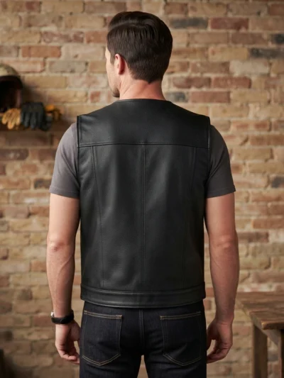 Mens Black Leather Motorcycle Vest with Utility Pockets back