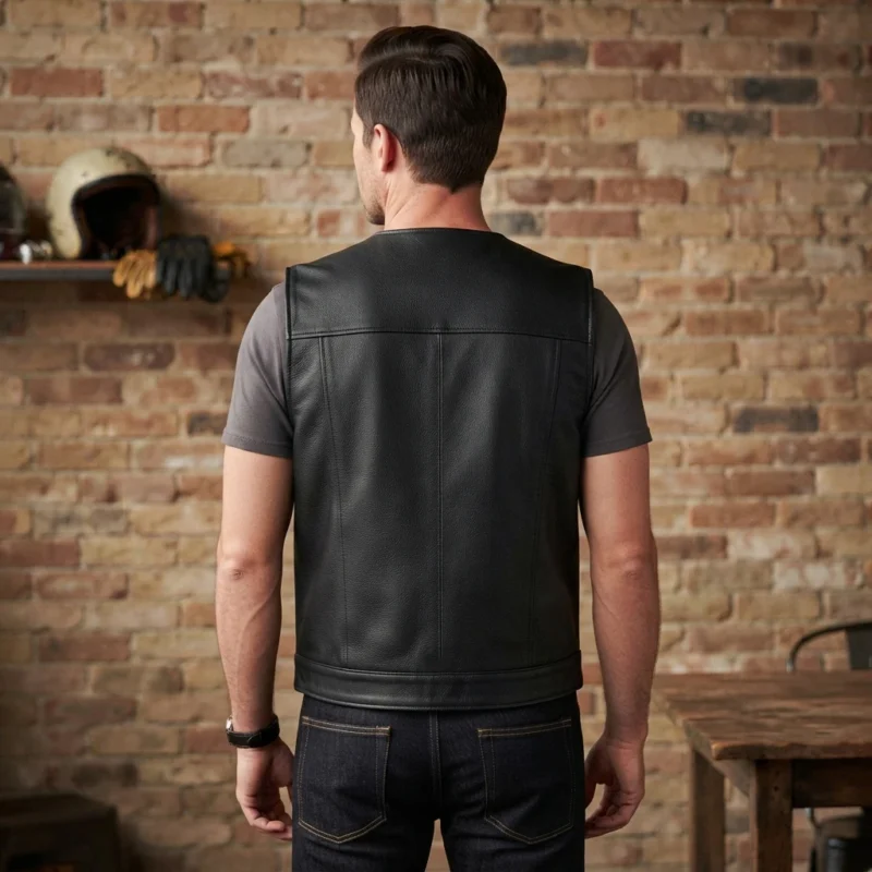 Mens Black Leather Motorcycle Vest with Utility Pockets back
