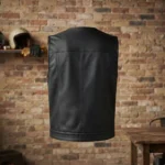 Mens Black Leather Motorcycle Vest with Utility Pockets backside