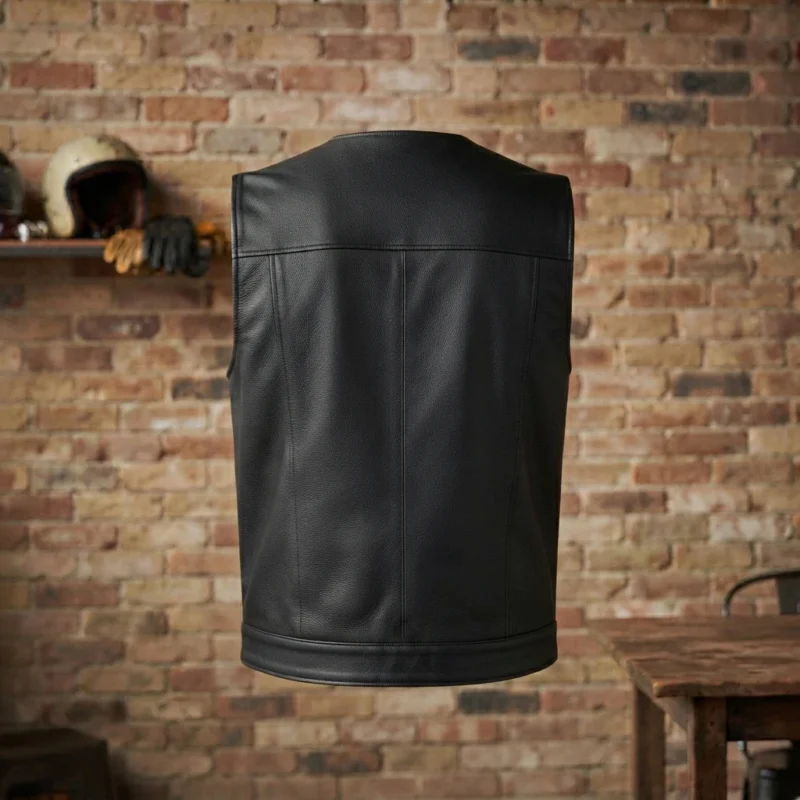 Mens Black Leather Motorcycle Vest with Utility Pockets backside