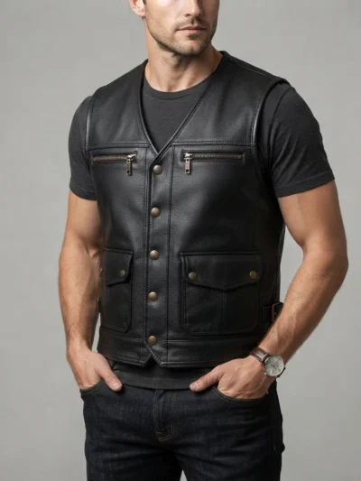 Men’s Black Leather Utility Vest