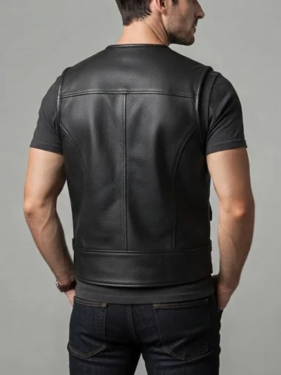 Men’s Black Leather Utility Vest backside