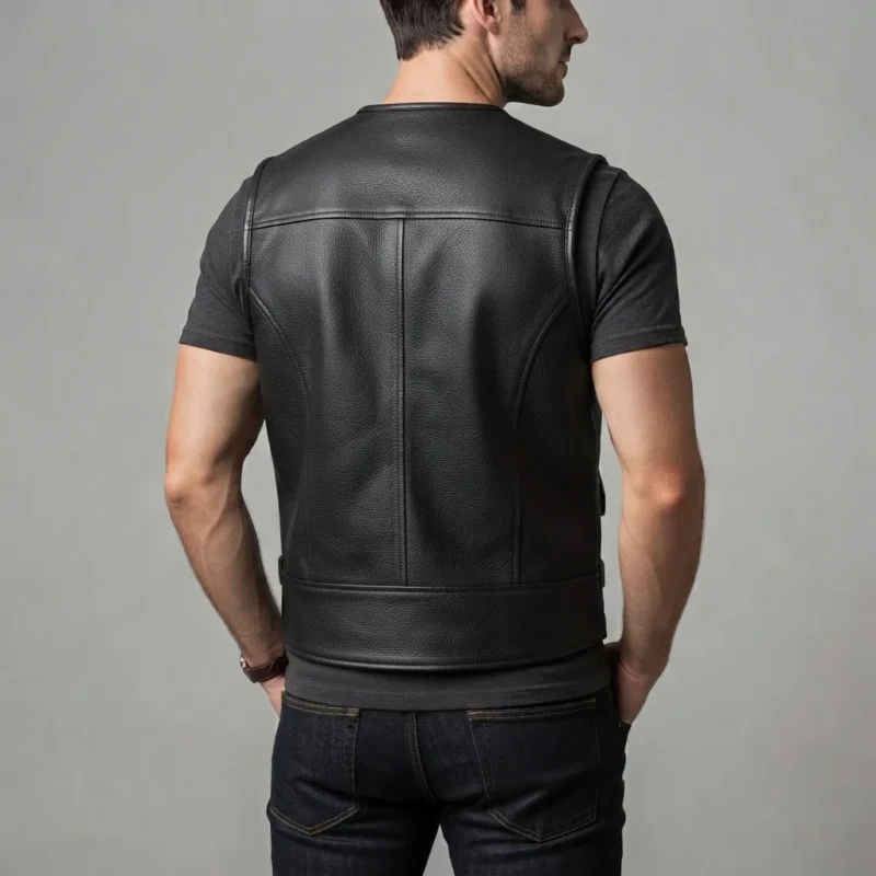 Men’s Black Leather Utility Vest backside