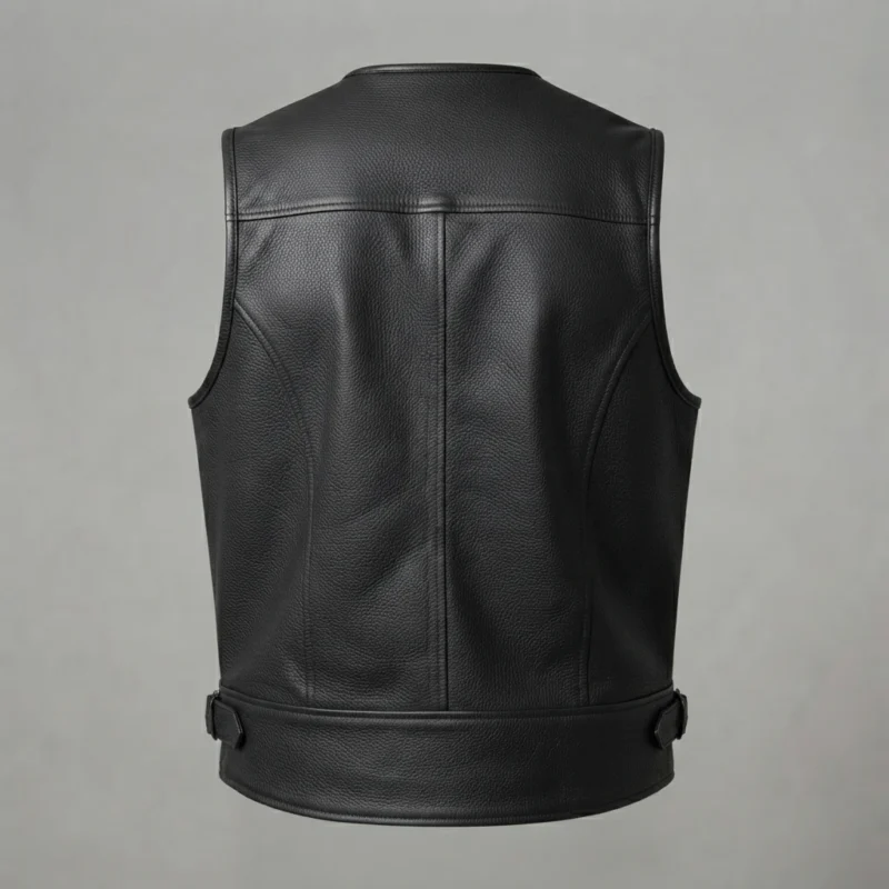 Mens Black Leather Utility Vest with Zipper & Flap Pockets - Image 4
