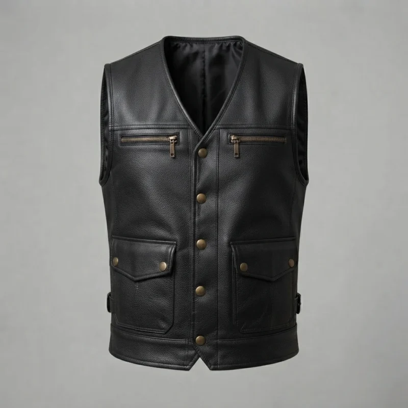 Men’s Black Leather Utility Vest