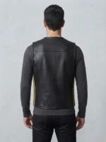Mens Black Leather Vest with Gold Side Racing Stripes back