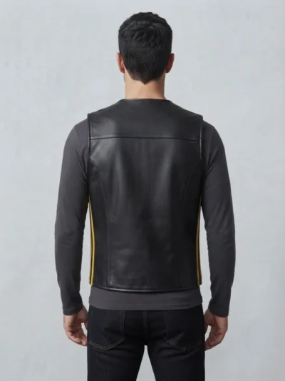 Mens Black Leather Vest with Gold Side Racing Stripes back
