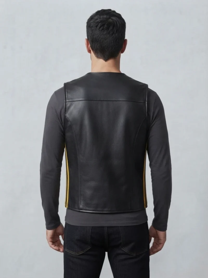 Mens Black Leather Vest with Gold Side Racing Stripes back
