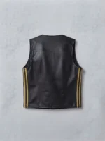 Mens Black Leather Vest with Gold Side Racing Stripes backside