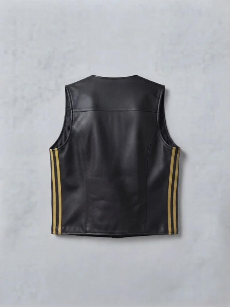 Mens Black Leather Vest with Gold Side Racing Stripes backside