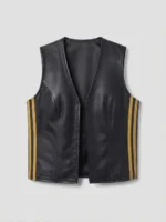 Mens Black Leather Vest with Gold Side Racing Stripes