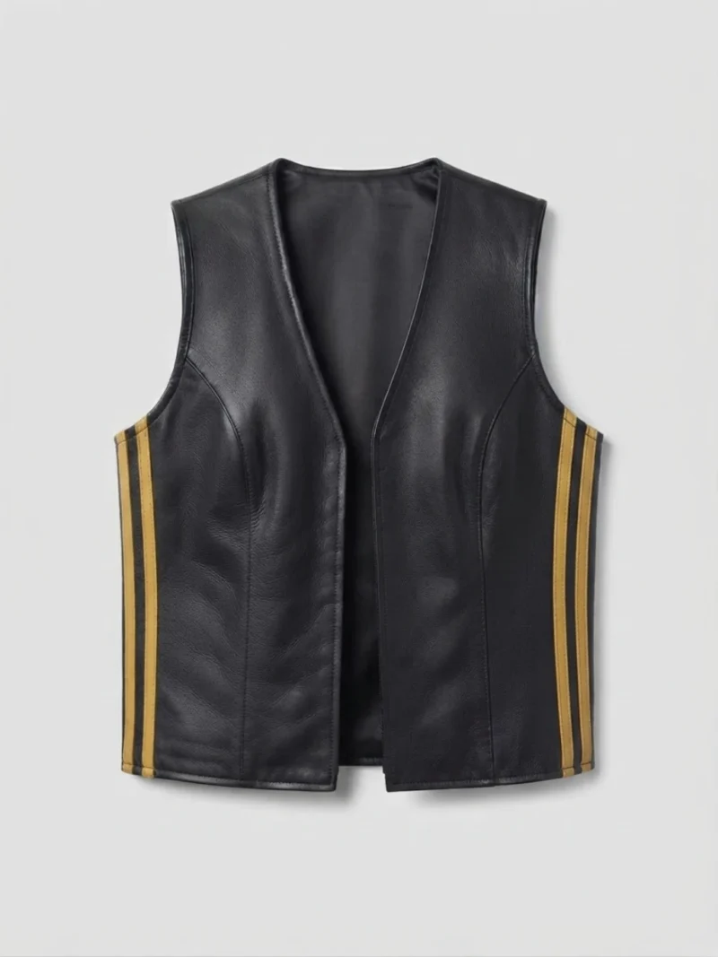 Mens Black Leather Vest with Gold Side Racing Stripes