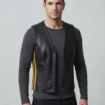Mens Black Leather Vest with Gold Side Racing Stripes