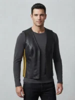 Mens Black Leather Vest with Gold Side Racing Stripes