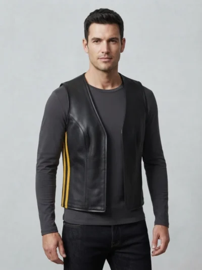 Mens Black Leather Vest with Gold Side Racing Stripes