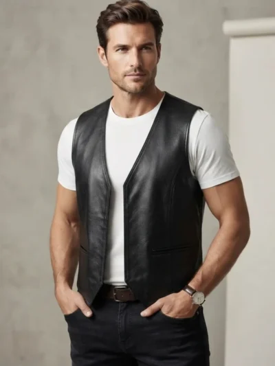 Mens Black Leather Waistcoat Vest