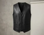 Mens Black Leather Waistcoat Vest front