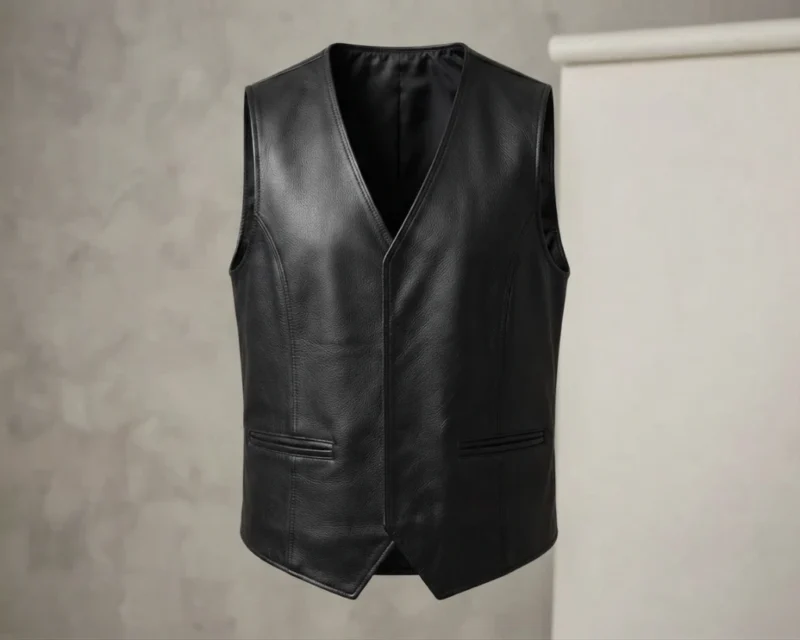 Mens Black Leather Waistcoat Vest front