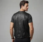 Mens Black Leather Waistcoat Vest back