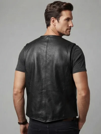 Mens Black Leather Waistcoat Vest back