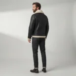 Men’s Black Shearling Aviator Jacket with Cream Fur Collar back