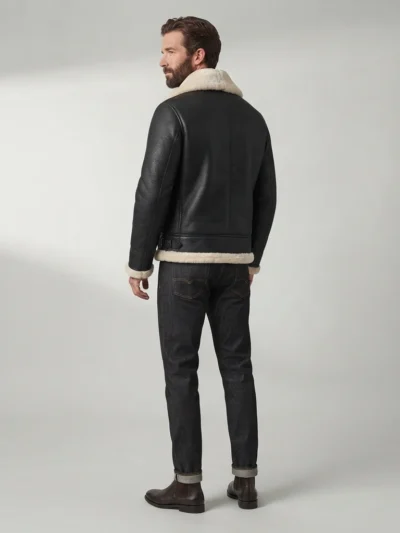 Men’s Black Shearling Aviator Jacket with Cream Fur Collar back