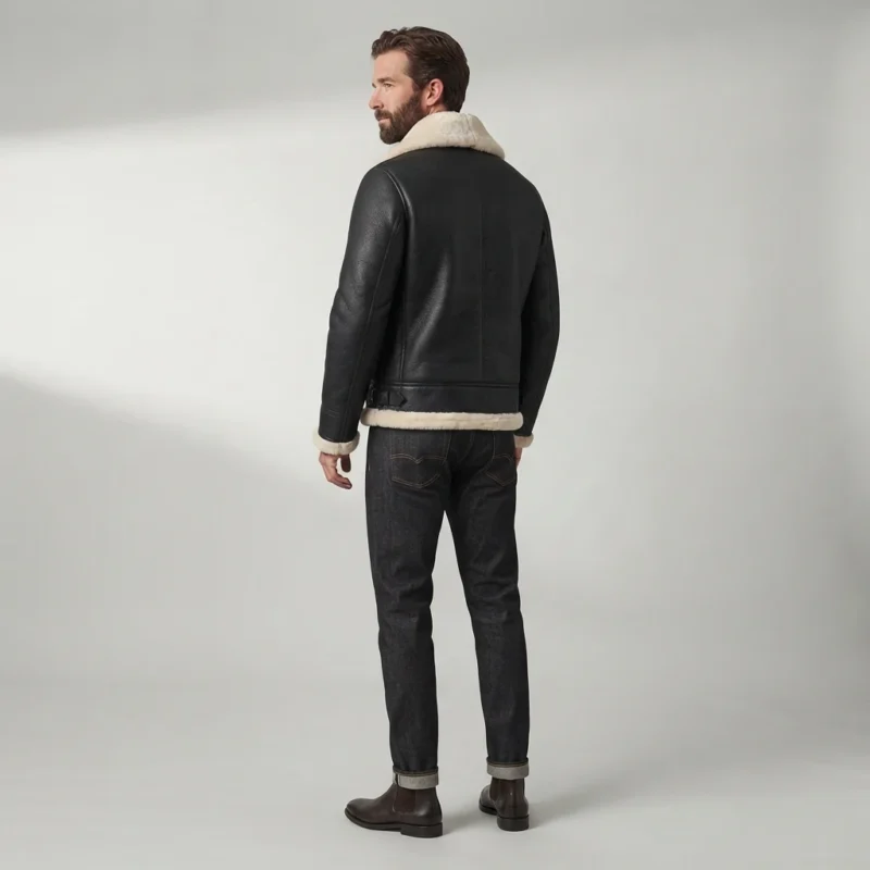 Men’s Black Shearling Aviator Jacket with Cream Fur Collar back