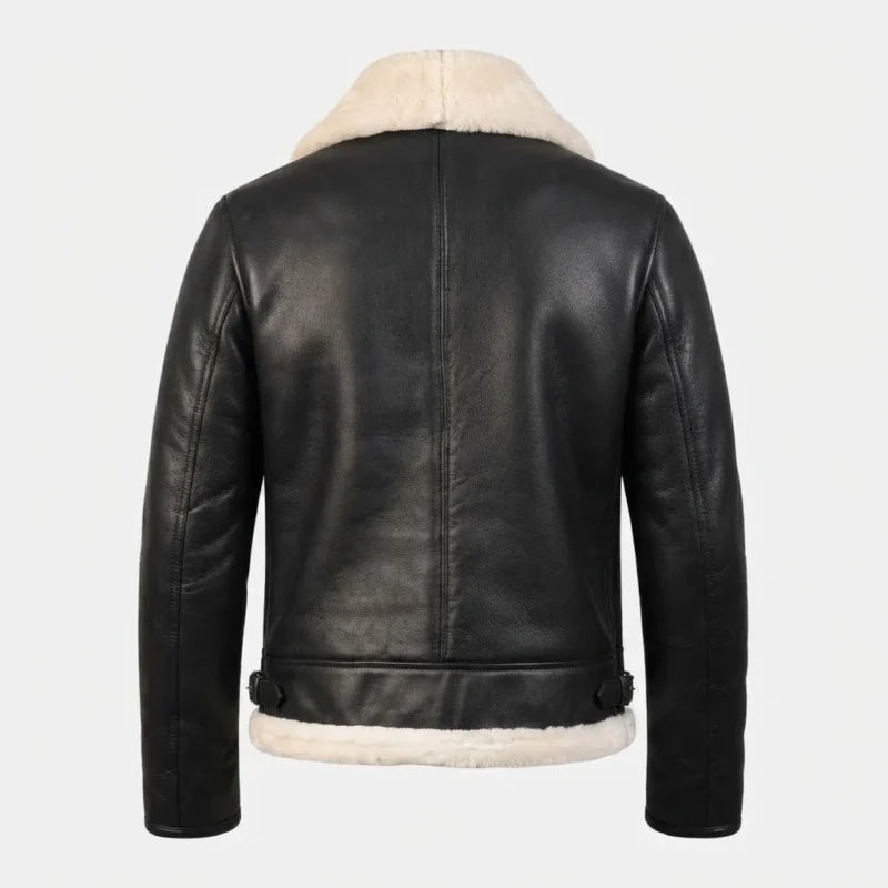 Men’s Black Shearling Aviator Jacket with Cream Fur Collar back