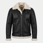 Men’s Black Shearling Aviator Jacket with Cream Fur Collar