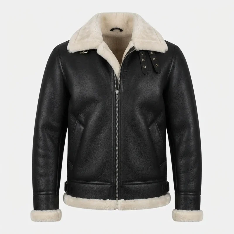 Men’s Black Shearling Aviator Jacket with Cream Fur Collar